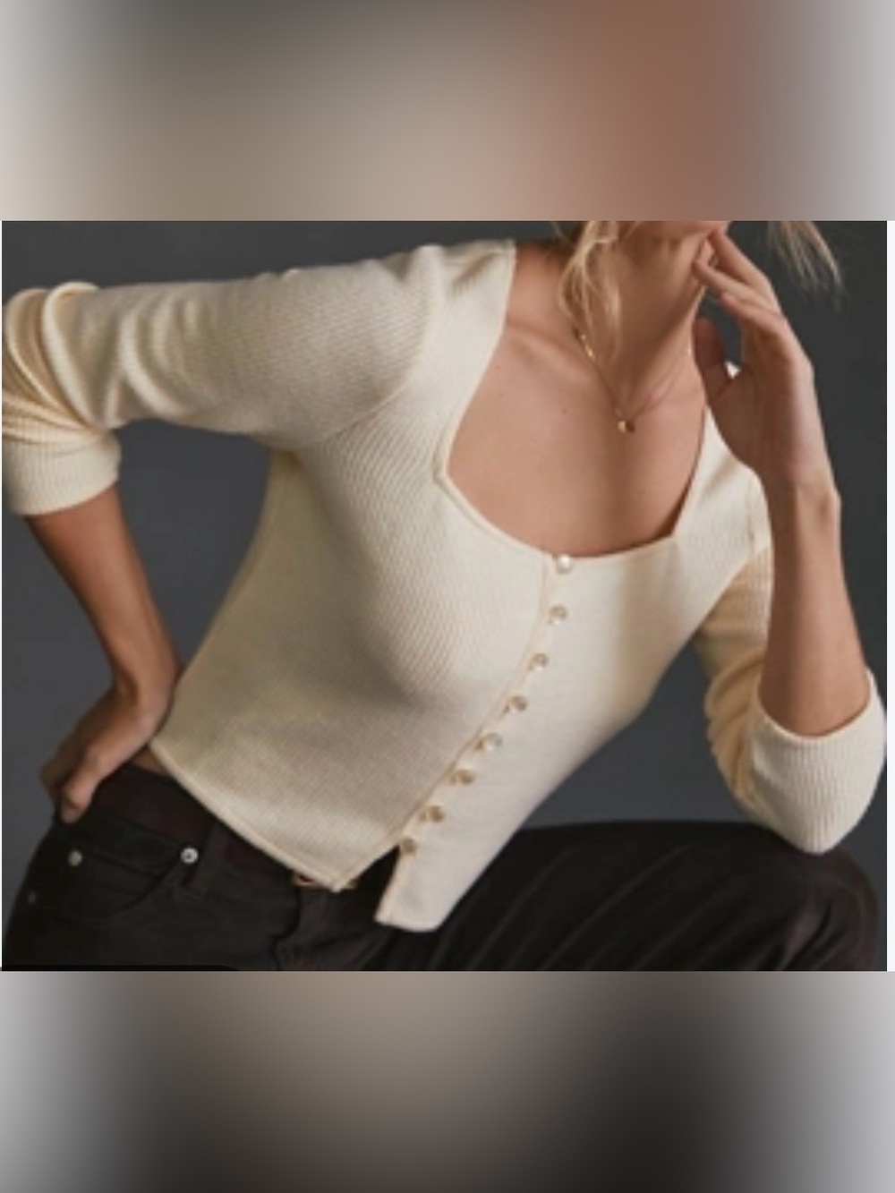Pilcro Square-Neck Cardigan Ribbed Cream